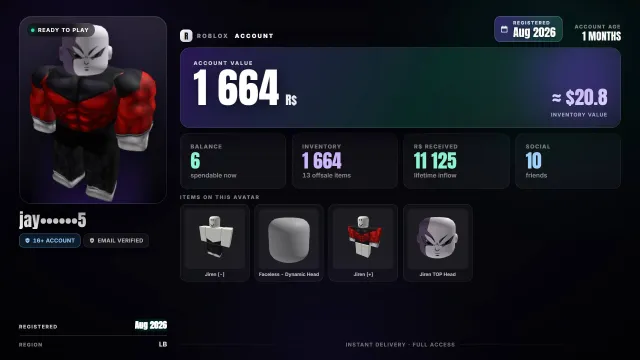 🪙 потрачено Robux: 11K ⏳ рег. 2026 🎭 возраст 16+ 🧰 инвентарь: 1.7K 🎁 оффсейл: 13, Продажа, Voice chat: Нет