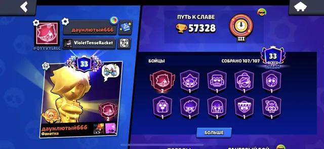 good account, a total of 300 skins and more than 600 pins, 57328 trophies, 107 brawlers, 33 primes