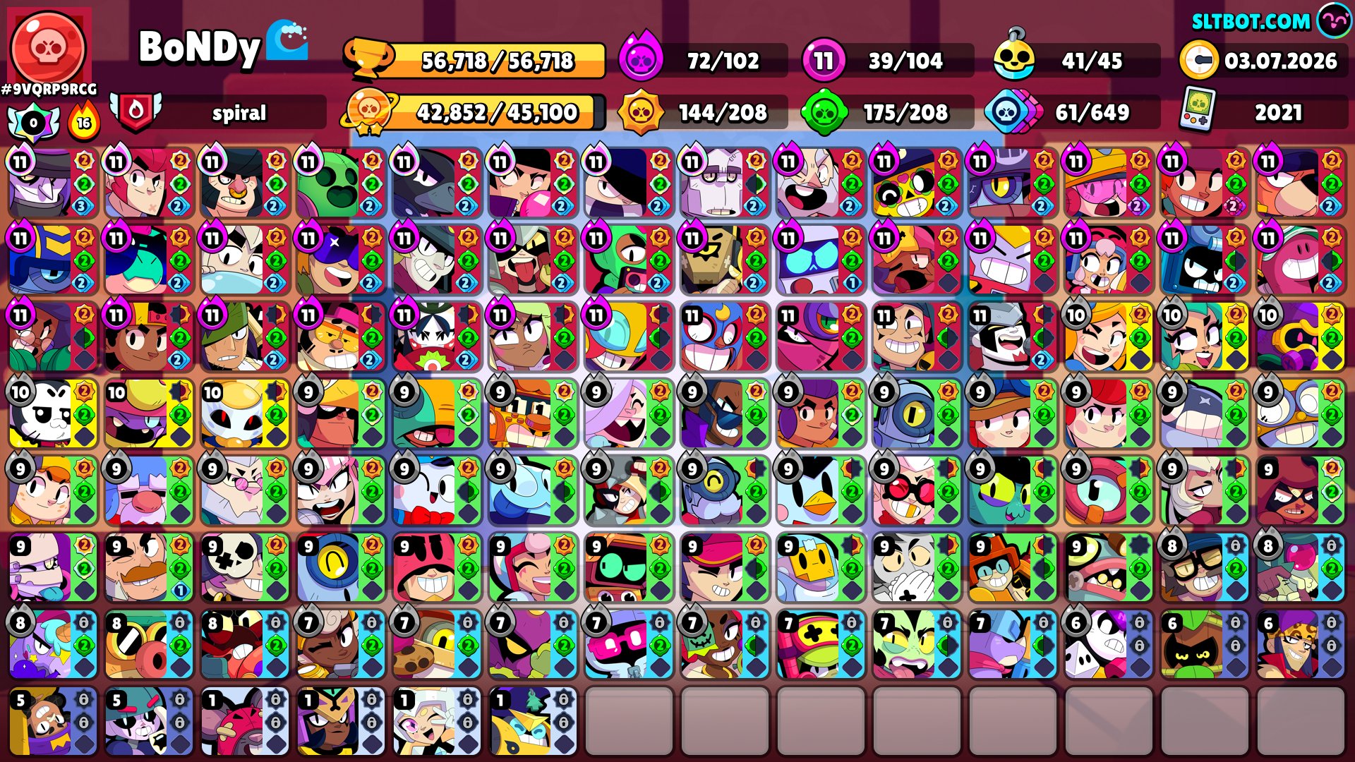 🏆56.6K👑2021 year of registration⏳many skins🎭127 gems💎 (+Clash of clans), trophies 56718, brawlers 104, primes 14