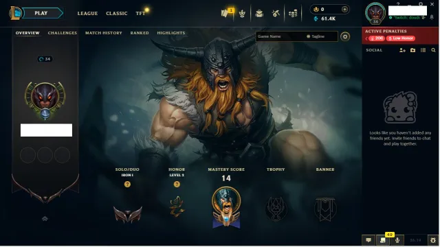 EUW - Iron1 0LP 61KBE, Продажа, уровень 34, чемпионы 29, Железо