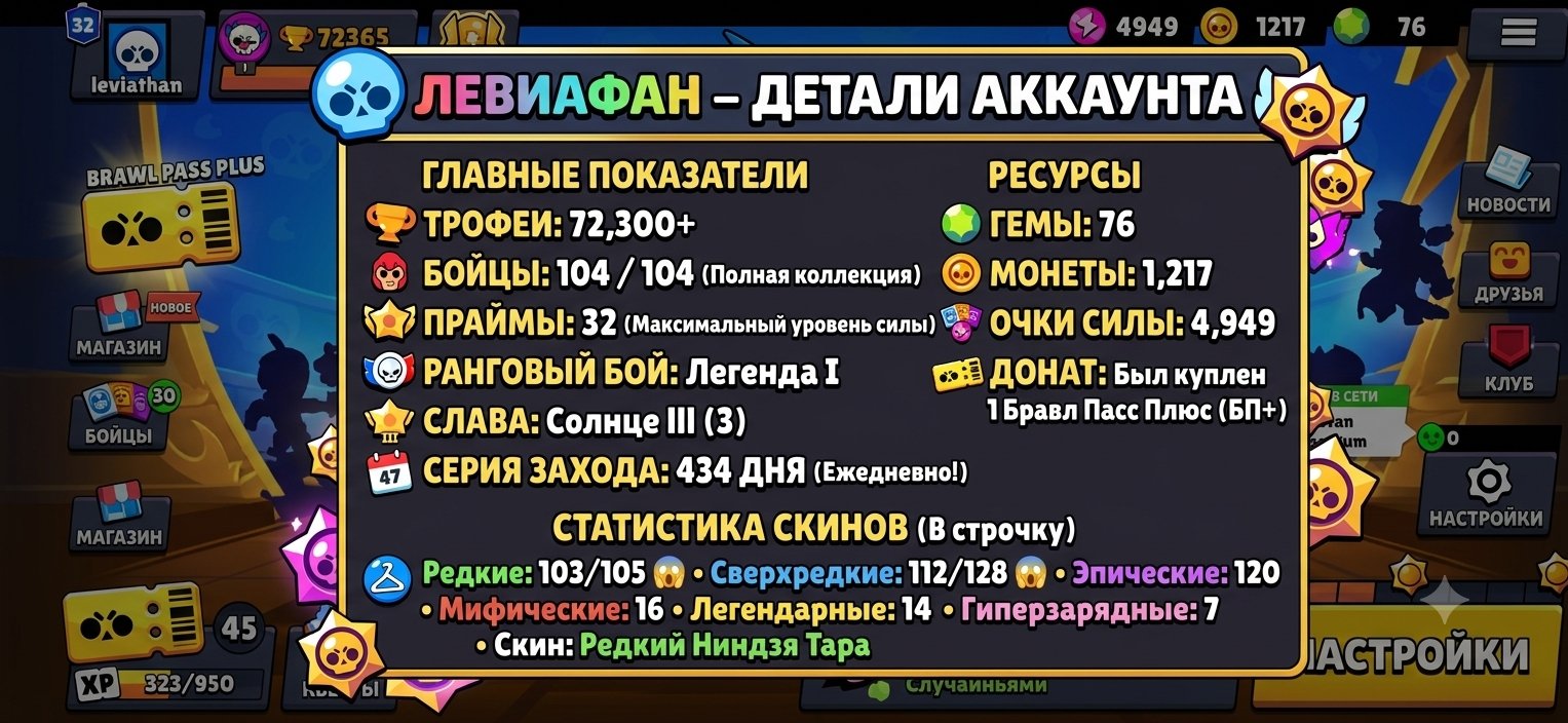 72365 trophies104Brawlers39 maxed out Power Level11 Legendary Ranked personal account, trophies 72365, brawlers 104