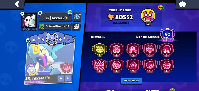 A good account suitable as a main, with Prime status and plenty of skins., trophies 80000, brawlers 104, primes 62