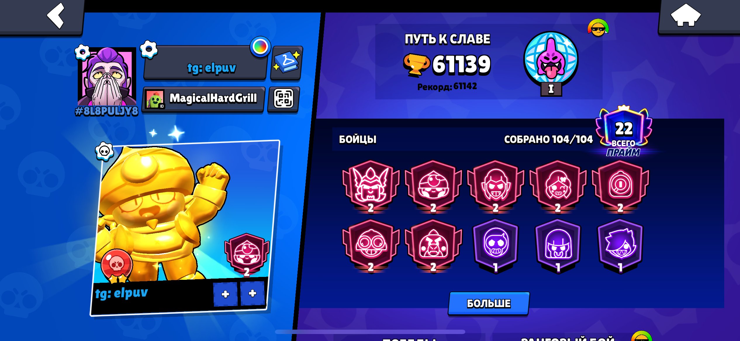 🍀🍀Old account from 2019 50 11 strength, 40 hypercharges per fighter skin, trophies 61000, brawlers 104, primes 22
