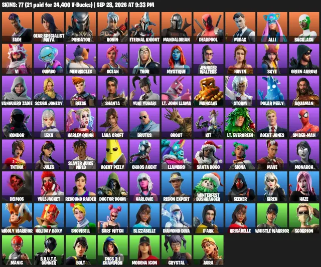 77 skins Lara Croft Harley Quinn Mara Midas Reaper📄, Sale, skins 77