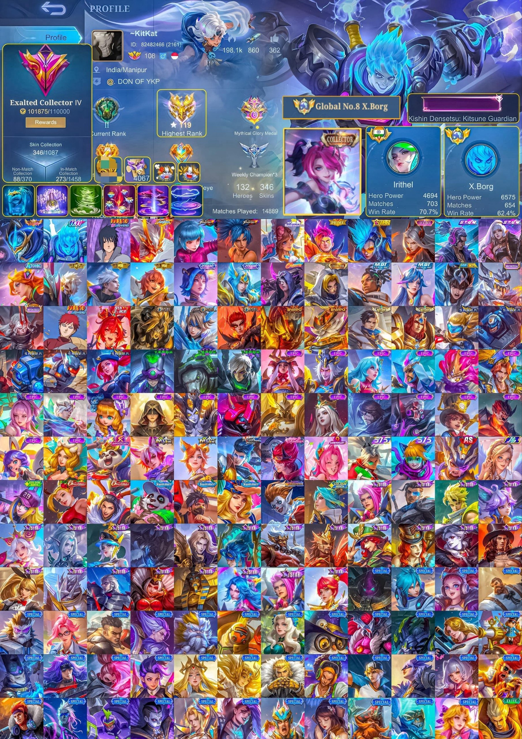 🔥 100 in max, Global Xborg 11.11, Collector Melissa, Legendary Gossen, Sasuke Sue, Allstar Moskov, Sale, Rank: Mythical Immortal, Level: 108, Winrate: 61%, Heroes: 132, Skins: 346