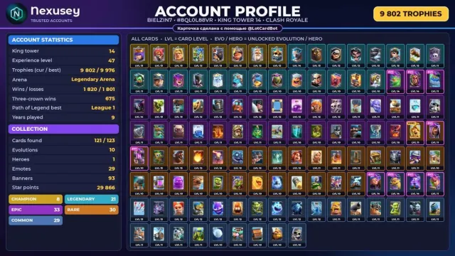 🚀 ⟦ CLASH ROYALE ⟧ 10 EVO ✦ 1 HERO ✦ 8 CHAMPIONS ✦ 29 EMOJIS ✦ 9 802 🏆 ✦ KING 14 ✨ #4BY94M, 24 arena, 47 level, 9802 trophies, 121 cards, 21 leg, No
