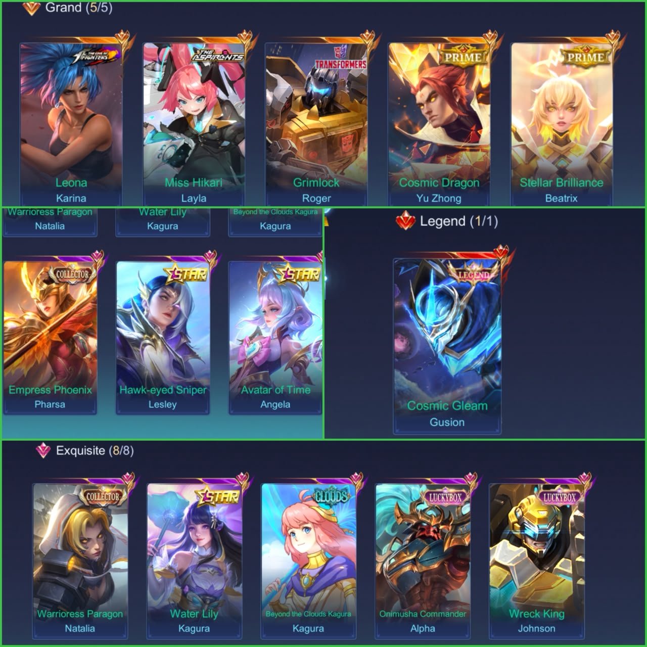 Legend Cosmic Gleam ▣ KOF=Grimlock ▣ Cosmic Dragon ▣ Miss Hikari ▣ 8x Exquisite Skins ▣ 57x Deluxe, Sale, Rank: Mythical Immortal, Level: 123, Winrate: 51%, Heroes: 133, Skins: 450