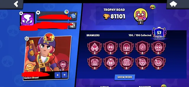 🏆81,000🏆⚔️31x11 POWER⚔️🛸RONIN GAVS🛸🥷NINJA TARA🥷🤴KING LU🤴🔄RELINK🔄, 81000 trophies, 106 brawlers