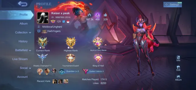 Legend Franko✅ Selena ABYSS✅ Collector Pharsa✅ Prime Beatrix✅ Transformer Roger✅ Exorcist Hayabusa✅, Sale, Rank: Mythic, Level: 159, Winrate: 59%, Heroes: 133, Skins: 421