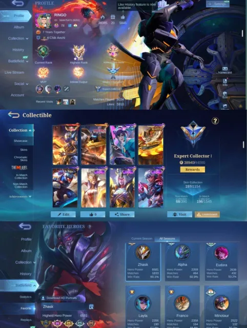 🏆 Premium Skin Account 🎵 Granger Legend 🤖 Roger Transformer 🌍 Wanwan M-World 🔥 Valir Epic, Продажа, Ранг: Мифический Бессмертный, Уровень: 78, Процент перемог: 70%, Герої: 90, Облики: 197
