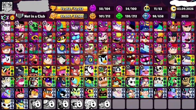🤍72k🤍100/106🤍54 11 POWER🤍50 HYPER🤍351 SKINS🤍72 TITLES🤍11 BUFFS🤍, 72000 trophies, 100 brawlers