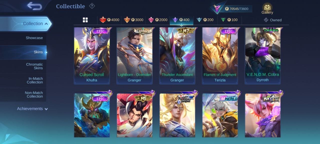 Prime Granger⚡collector Ling⚡lapu lapu⚡Star Sun⚡Hayabusa⚡deluxe 41 skin⚡Stun Chou⚡MC 113, Sale, Rank: Mythical Immortal, Level: 88, Winrate: 52%, Heroes: 132, Skins: 268