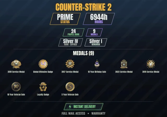 【CS2 Prime🏆1400ч🎮9 медалей】 Ювілейна монета 10 років, Монета ветерана 10 років, Медаль за службу 2017, Продаж, Інвентар порожній, Є PRIME