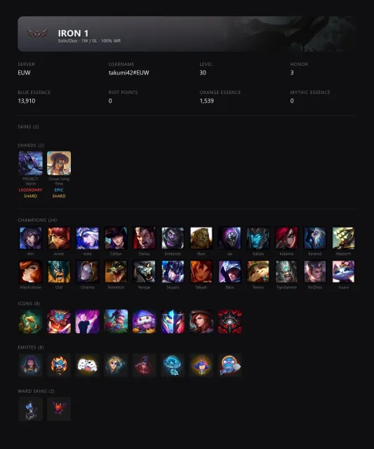 🟡┃👑 PROJECT: VAYNE / OCEAN SONG YONE ┃🕗 АВТОВЫДАЧА┃🤍 СМЕНА НИКА┃✅ ПОЧТА┃, Продажа, уровень 30, чемпионы 24, скины 2, Железо