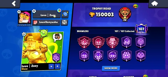 🏆 150 thousand | 🌎 OG 2020 | 💯 Fully increased progress | 🪙 300 thousand coins, 150003 trophies, 107 brawlers, 107 primes