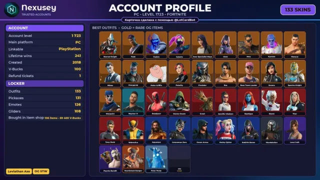 🚀 ⟦ FORTNITE ⟧ OG STW, Leviathan Axe, Glow, Ride The Pony ✦ 133 skins ✦ 1723 level ✦ 100 V-Bucks ✨, Sale, skins 133