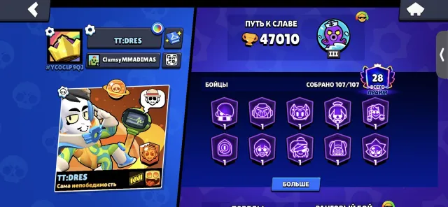 🔥47k trophies, many cool skins, titles for trophies and much more🔥, 47000 trophies, 107 brawlers, 28 primes