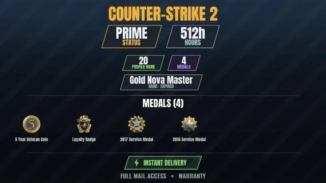 CS2 Prime🎮512h💠4 medals Medal for Service 2016, Medal for Service 2017, Loyalty Badge, Coin, Sale, With inventory, Has PRIME
