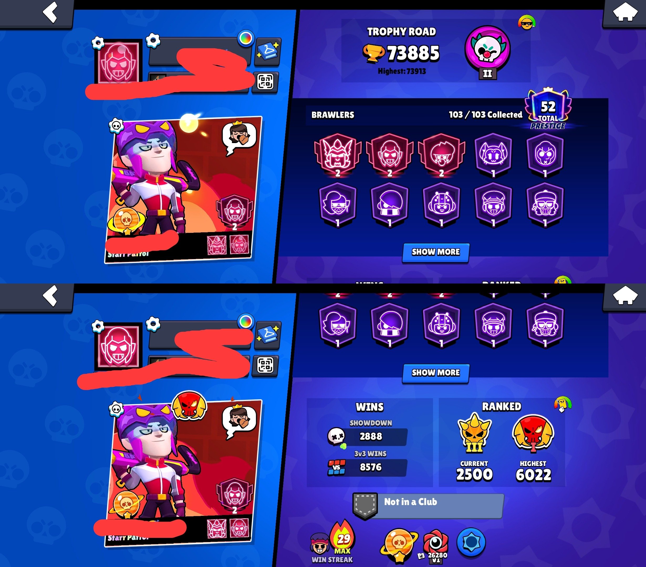 🏆𝟳𝟰𝐊🏆【🎫𝟰 BP+, 𝟴 BP🎫】👤1О3/1О3👤𝟯𝟯𝟱 SKINS~35k💎❰𝟯𝟳 11-x C HYPER❱📹VIDEO📹, trophies 74000, brawlers 103, primes 52
