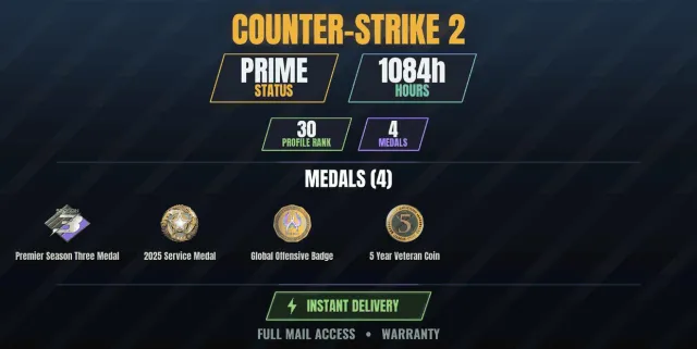 【CS2 Prime🎯1000h👑4 medals】 Service Medal 2025, Premier Medal, season 3, Veteran Coin 5, Sale, Inventory empty, Has PRIME