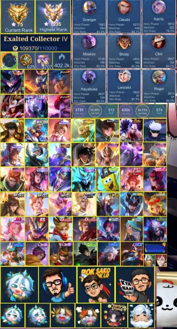 ⭐️1235 stars ⚜️Call Goose Ling Brody⚜️Lega Gren⚜️Soul Clint Sisy⚜️Gojo⚜️See description ‼️, Sale, Rank: Epic, Level: 37, Win rate: 64%, Heroes: 112, Skins: 267