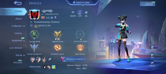 KOF Karina LUCKYBOX kaja collector Natalia EPIC moskov YSS Carmila Roger Hero emblem Max MC 89 Draw, Sale, Rank: Mythic, Level: 128, Winrate: 48%, Heroes: 130, Skins: 258