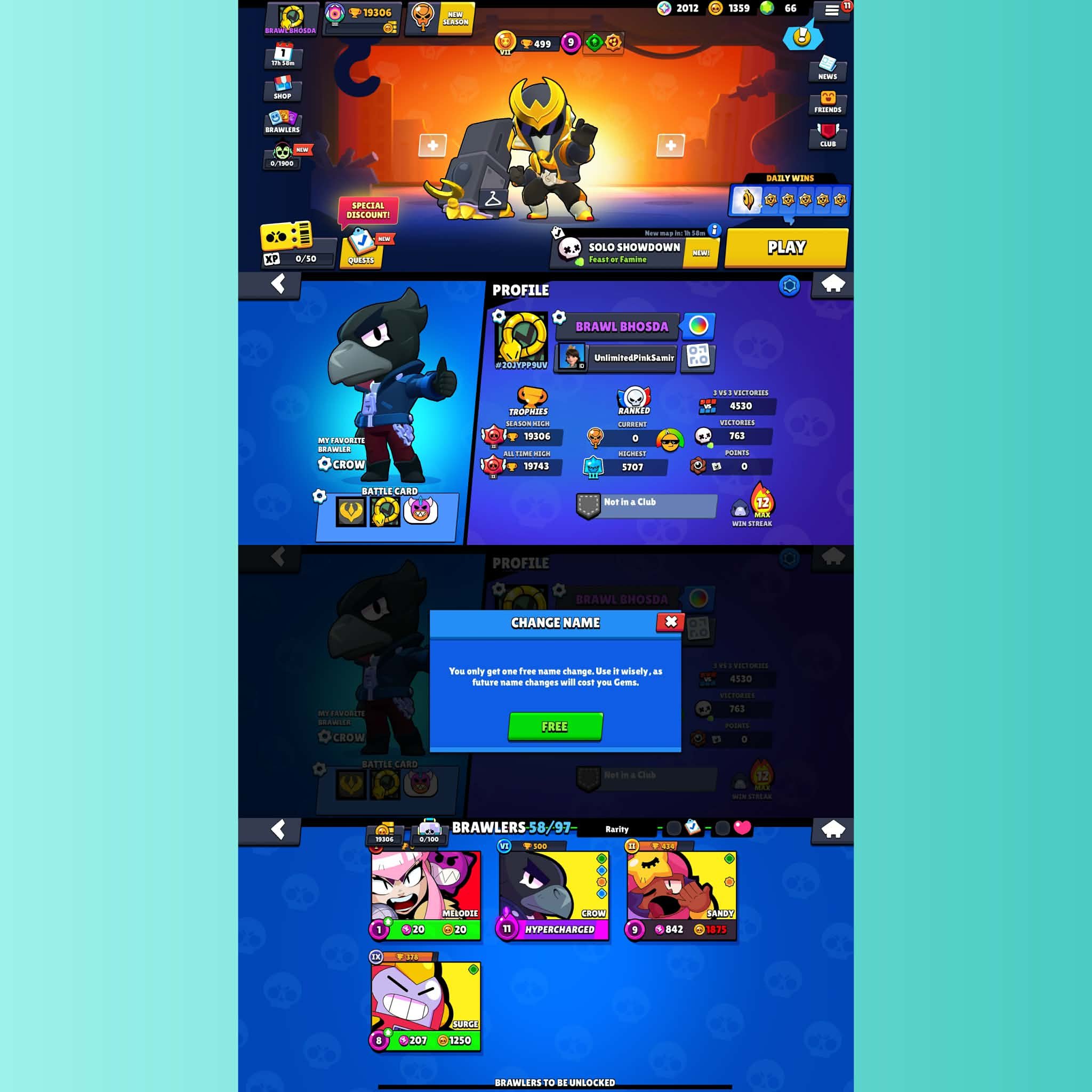 Best Skin - 19360 Trophies - 58 Brawlers - NC FREE - All Details Changeable - No. 591, trophies 19360, brawlers 58