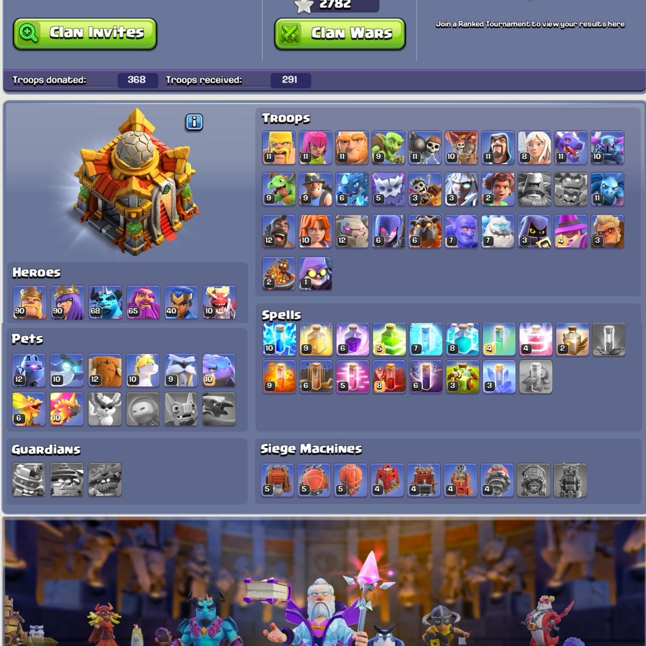 TH 16 Full Max ❖ League Skin Full Set ❖ War Arena Scenery ❖ 4x CWL League Skins ❖ 90-90-68-65-40-10, 16 TH Main Village, 10 TH Builder