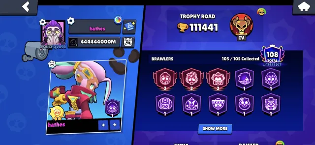 111.400 🏆 | 108 PRIME 👾|65 - 11 strength | 15 LEG SKINS/17 MYTH/MATCHERINO ETC | DONATE ACC 🔜, trophies 111400, brawlers 105, primes 108