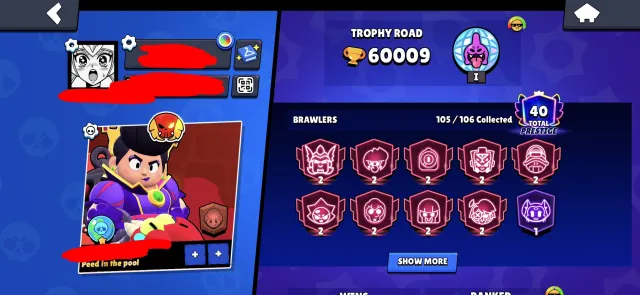 🏆60,000🏆⚔️44x11 POWER⚔️🦠ANTIVIRUS 8-BIT🦠🫅EVIL QUEEN PAM🫅🌍EARTH GLORY🌍🔄RELINK🔄, 60000 trophies, 105 brawlers