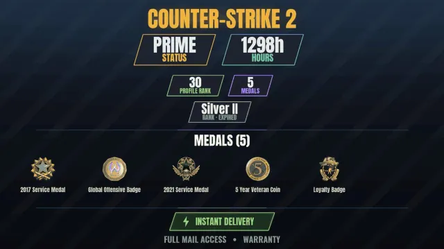 【CS2 Prime💠1200h💎5 medals】 Service Medal 2017, Service Medal 2021, Loyalty Badge, 5 Year, Sale, Inventory empty, Has PRIME