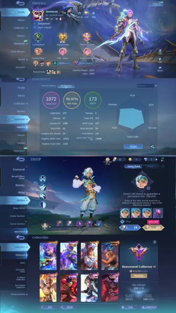 🔥ULTIMATE ACC🦉2x Hayabusa🥷Luckybox Freya & Guinevere✨STUN Chou⚡Nolan Nexus 11.11🌀, Продажа, Ранг: Мифический, Уровень: 30, Процент побед: 55%, Герои: 63, Облики: 155