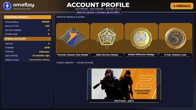 ⚡ CS2 PRIME ⚡ +4 RARE MEDALS: PREMIER S1 · SERVICE 2024 · GO • 2018 · FULL ACCESS #4CJ18T, Sale, Inventory empty, PRIME available