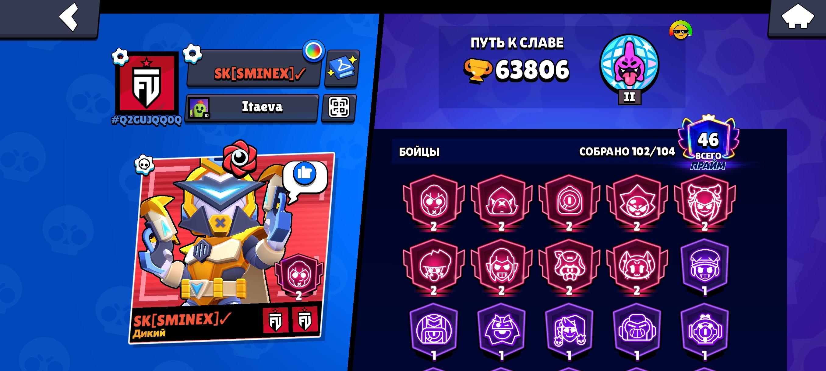 GID OF THE YEAR AND THE YEAR AND THE YEAR AND THE, trophies 63800, brawlers 102, primes 46
