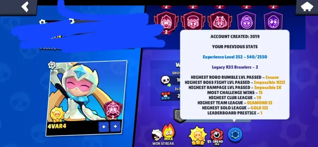 120000🏆 2 x legacy r35 (pin)❤️ 2 x master 25 🍀, 120000 кубков, 106 бравлеров, 113 праймов