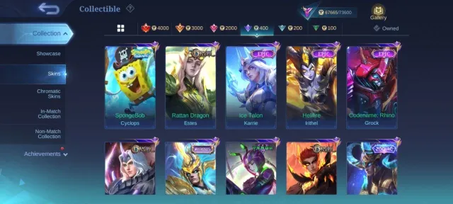 Prime bertix transfer Roger KOF Karina Star Hayabusa Lesley 33 deluxe Hero emblem Max MC 108 Draw, Sale, Rank: Mythic, Level: 77, Winrate: 53%, Heroes: 130, Skins: 259
