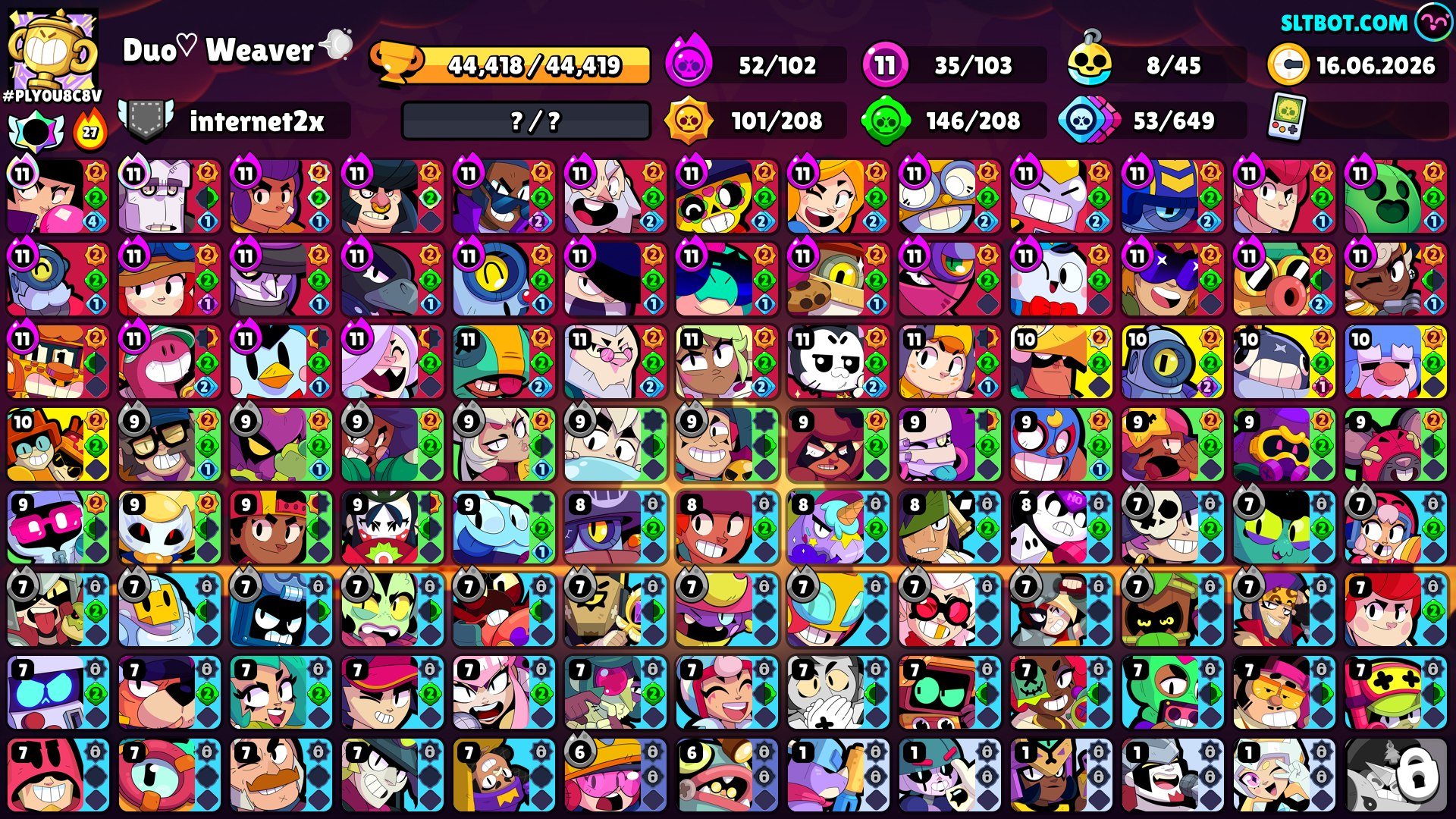 account 2019. 35 11 strength, 52 hyper, 93 epic skins, 13 mythic, 4 legendary, 4 hypercharge, trophies 44419, brawlers 103, primes 13