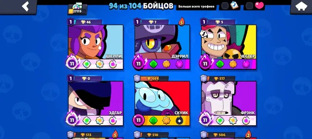 97 brawlers, 27k brawls, 4 primas, available, trophies 27119, brawlers 97, primes 4