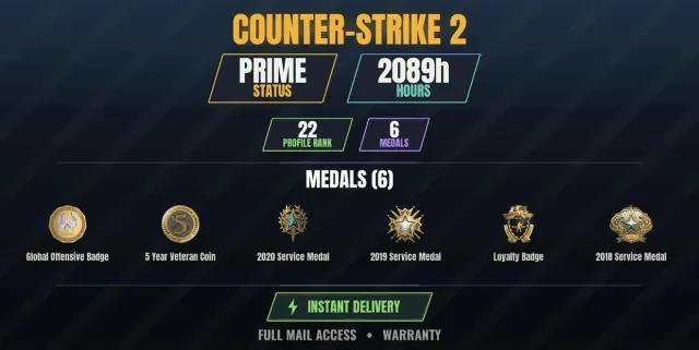 【CS2 Prime👑2000h✨6 medals】 Service Medal 2018, Service Medal 2019, Service Medal, Sale, With inventory, Has PRIME