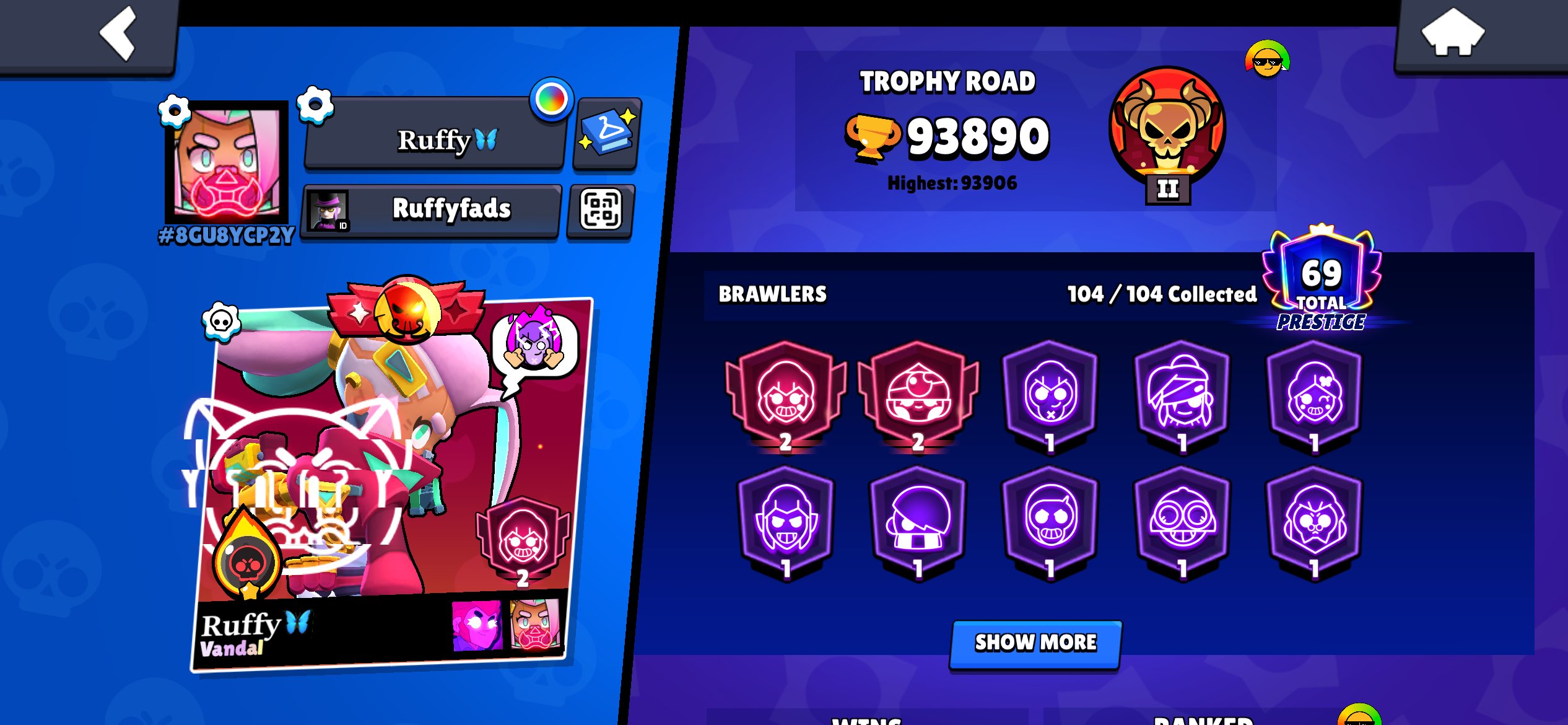Brawl stars top account 103 brawlers with top skins, trophies 93890, brawlers 104, primes 69