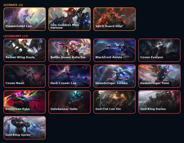 Elementalist Lux / Gun Goddess / Spirit Guard Udyr / Crystalis Motus / Battle Queen Diana, Sale, level 299, champions 173, skins 219, Silver