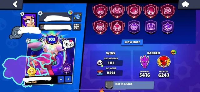🏆110K🔮105/105👑70 11 POWER⚔️100+ PRIMES🌟14/14 LEG🧬56 HYPERCHARGES AVAILABLE🔮134 MYTH SKIN⚡️, 110000 trophies, 105 brawlers