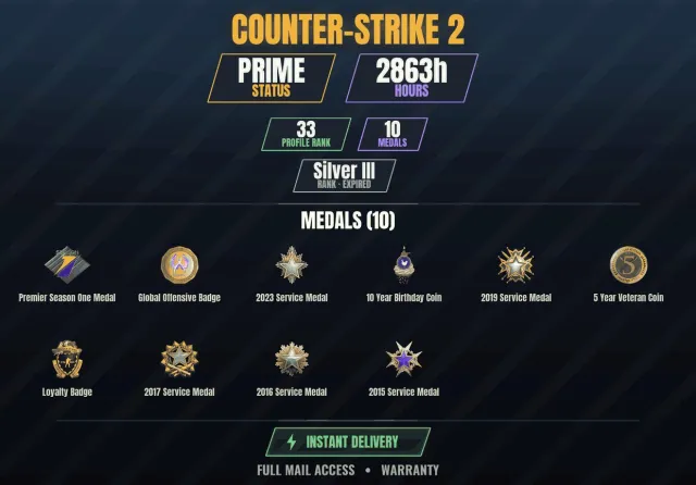 【CS2 Prime🎯2800h👑10 medals】【RUST】 10-year anniversary coin, Service medal 2015, Service medal, Sale, With inventory, Has PRIME