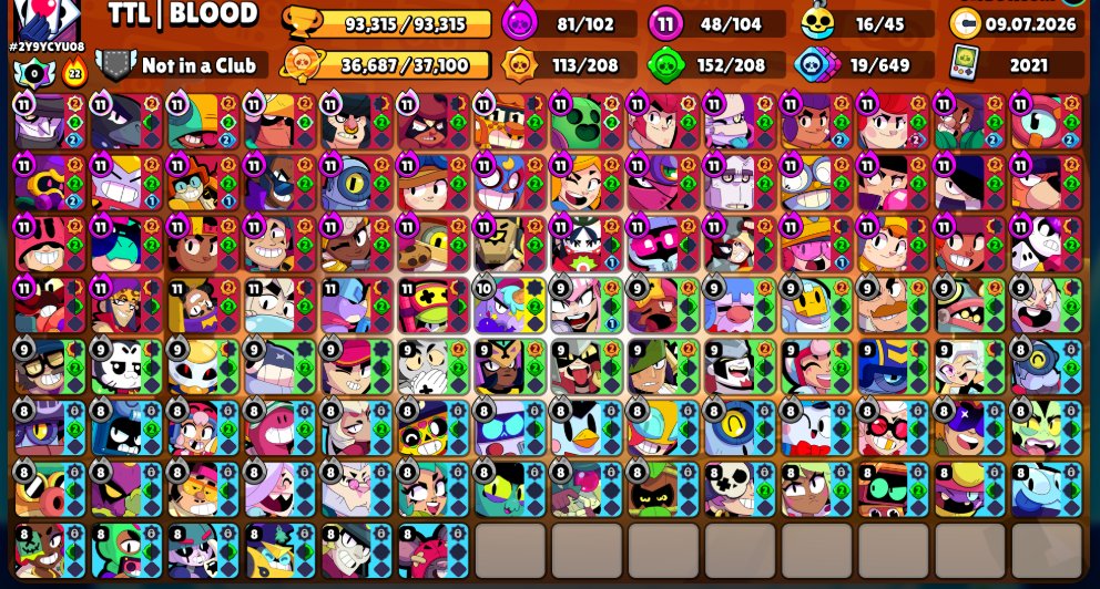 ⚡ AUTO-DELIVERY 🔮 WITH MAIL 🔮 13 BP 🔮 303 SKINS FOR 33200 GEMS 🔮 POOP SPIKE 🔮 GOLDEN RAVEN-MECHA 🔮, trophies 93315, brawlers 104, primes 55