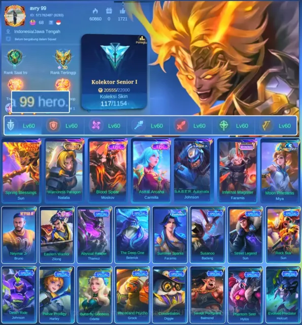 🩸 account 95 heroes and 121 skins, Sale, Rank: Epic, Level: 59, Win rate: 52%, Heroes: 97, Skins: 121