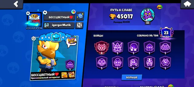 Translation: 🔥 TOP ACCOUNT FOR MAIN — 99 BRAWLERS + M, trophies 45000, brawlers 99, primes 23