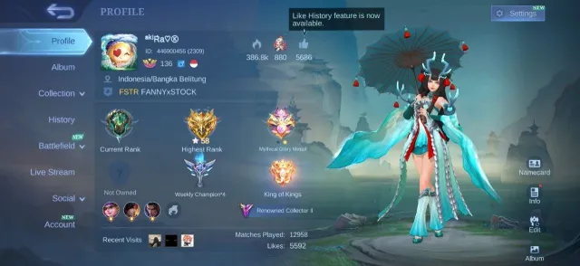 Kof Karina✨Prime Granger⚡Star Hayabusa💫Luckybox Kagura🌟Chang'e💎Gara Vale✨MC 78⚡Emblem Hero Max, Продажа, Ранг: Эпик, Уровень: 136, Процент побед: 48%, Герои: 133, Облики: 288