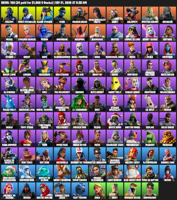 💦109 SKINS💦💎Mandalorian | Deadpool | Doctor Doom | Solid Snake | Ragnarok | Midas💎, Vente, skins 109