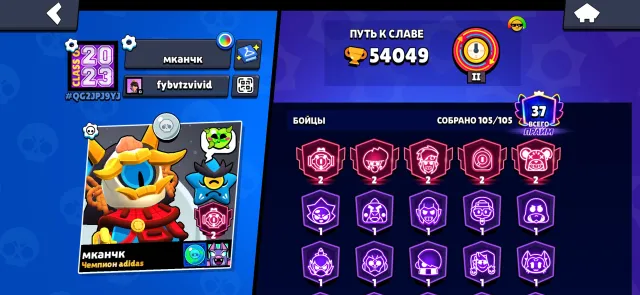 old Brawl Stars account, trophies 54000, brawlers 104, primes 38