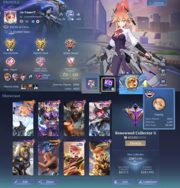 Fanny, Karina, graduate student, Sale, Rank: Legend, Level: 66, Winrate: 61%, Heroes: 120, Skins: 239